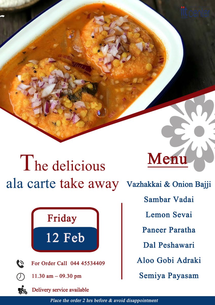 The delicious ala carte takeaway menu for Friday - 12th February

#alacarte #deliciousalacarte #fridaymenu #eatout #deliciousfood #takeaway #iitalumnichennai #iitaiic #iitalumnies #alumnigathering