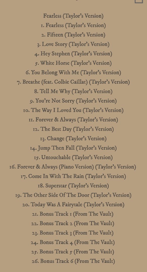 tracklist do álbum fearless taylors version, com 26 faixas, incluindo as canções originais do disco fearless, suas extras (deluxe) e seis canções inéditas, ainda sem nome divulgado