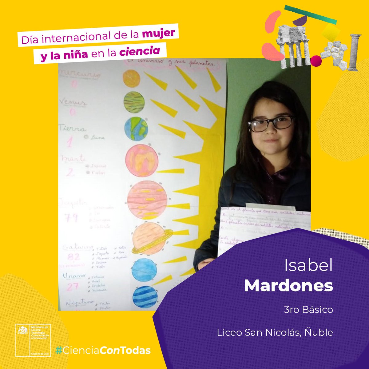 ecoscienceorg's tweet photo. Isabel Mardones, alumna de 4°básico del Liceo San Nicolás de Ñuble también es una apasionada de la ciencia, en especial de la astronomía, disciplina con la que se ha maravillado y disfrutado con el programa Experimenta ConCiencia de la #rutadeleclipse que desarrollamos en 2020. https://t.co/MJiomCRrxJ