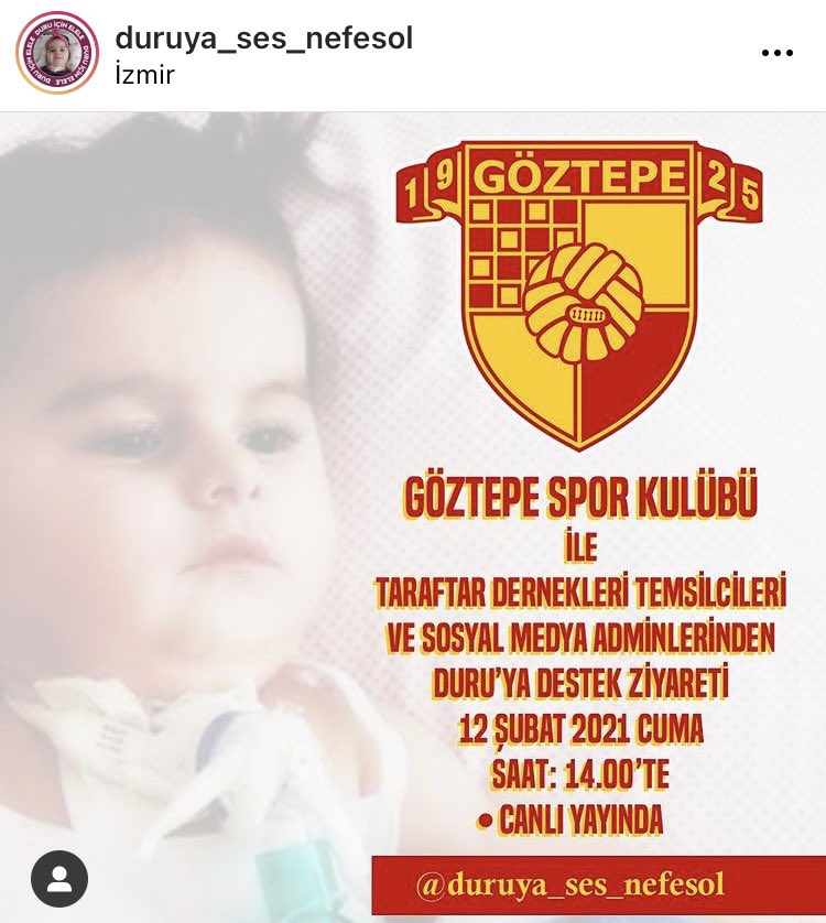 Şanlı Göztepe kızına sahip çıkıyor.

İzmir’in gözdesi Göztepe Spor Kulübü Duru’mun sesi oluyor.

Son kalan 45 günde Duru’yu yatağından kaldırmak için el ele vermeliyiz ❤️