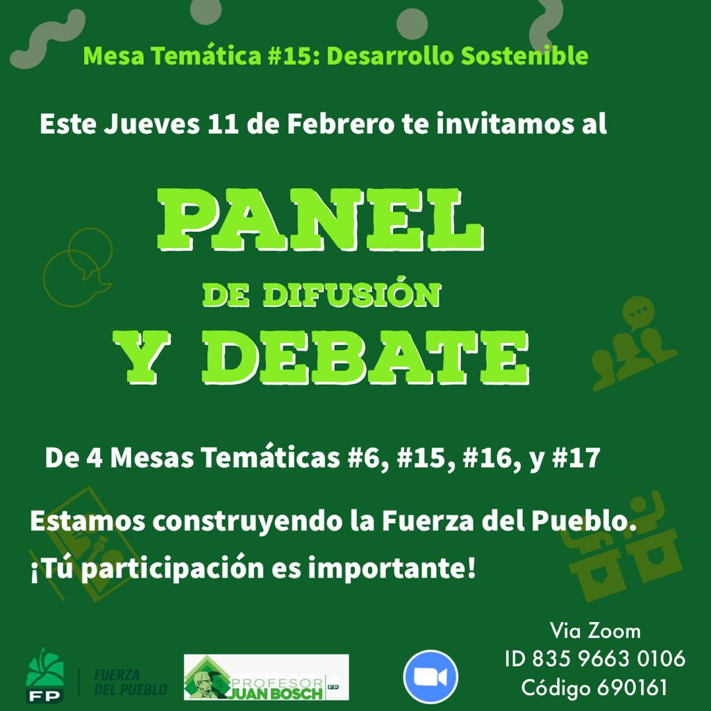Esta noche a las 7:00pm es el Panel de Difusión y Debate 
¡Tu participación  es muy importante en este proceso!
<a href="/fambientalp/">Fuerza Ambiental del Pueblo</a> <a href="/Congresofuerza1/">Primer Congreso del Pueblo Profesor Juan Bosch</a>
<a href="/FPcomunica/">@Fuerza del Pueblo (FP)</a> <a href="/PainoAbreu/">Paíno Abreu</a> <a href="/franklinalm/">Franklin Almeyda</a> <a href="/keylaReyna04/">Keyla Reyna</a>

#MT15FDesarrollosostenible 
#fuerzadelpueblo
#Congresodelpueblo