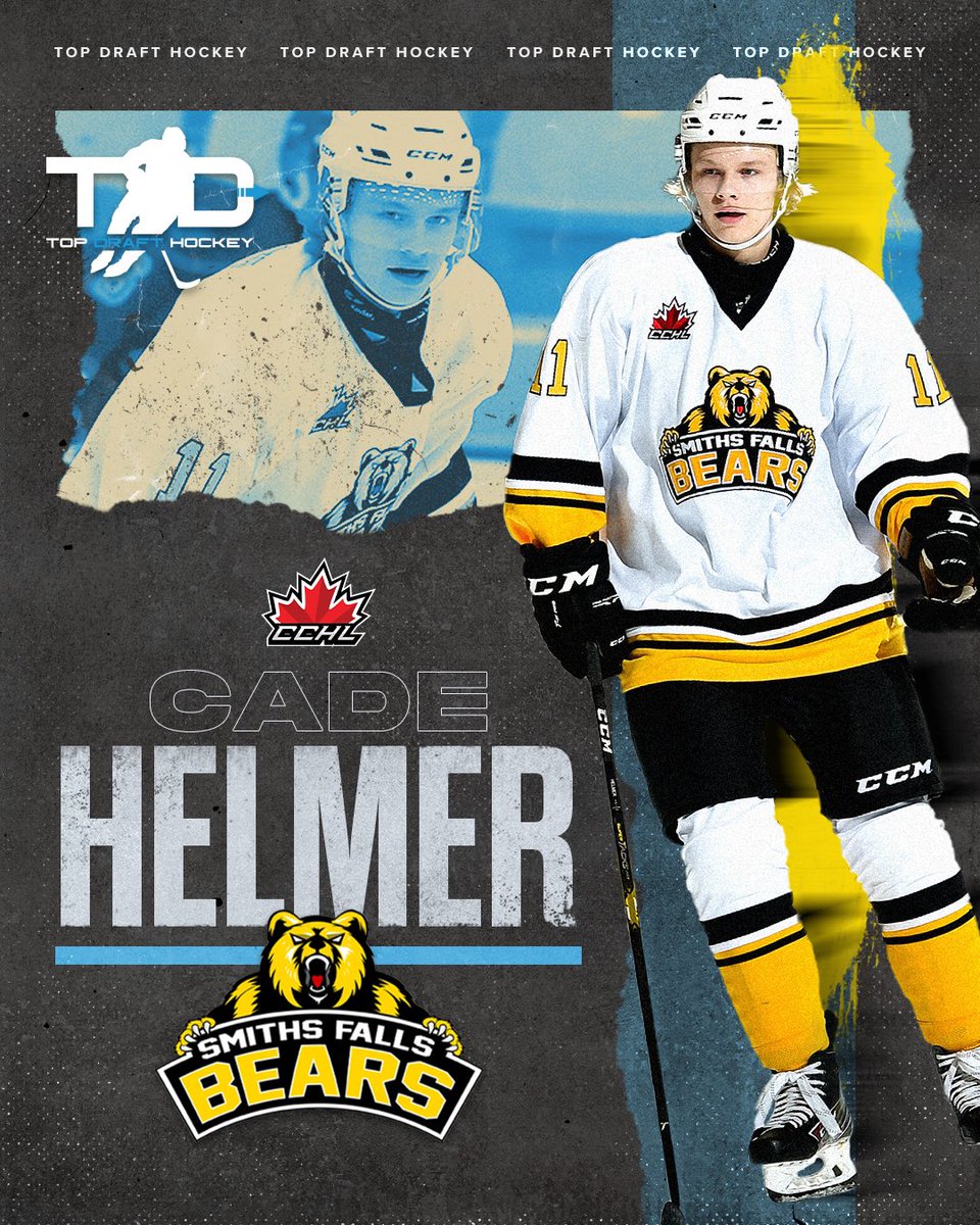 TopDraftHockey's tweet photo. Cade Helmer - Smiths Falls Bears (CCHL). 2001, 6.02, LC with great feet &amp; excellent vision. A strong rookie campaign where Helmer tallied 28PTS in 57GP has set him up well in the eyes of the D1 coaches. This kid has all the tools and the right mental makeup. #TopDraft #D1hockey https://t.co/s4IXYCddSf