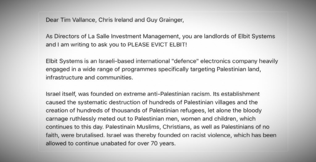 Jewish Network for Palestine call on supporters of human rights to write to LaSalle demanding it ends its complicity with Elbit #EvictElbit