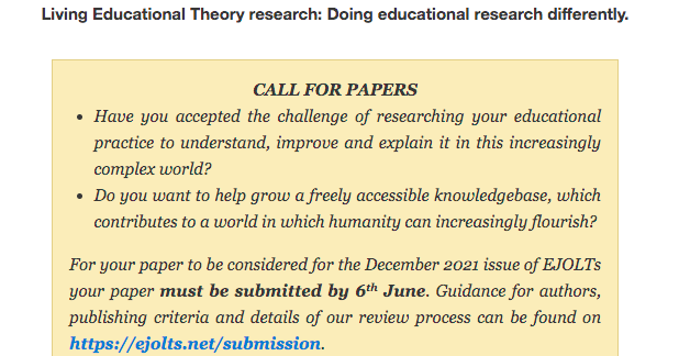 Exciting new call for papers : 

'Doing educational research differently'! 

If you have engaged in values-based research in your practice, this might be for you! ejolts.net Closing date 6 June . <a href="/mathiology/">Brian Williamson</a> <a href="/JackieDelong4/">Jackie Delong</a> <a href="/lovedtolearn/">Dr. Liz Campbell</a> <a href="/YoSwaroop/">Swaroop Sampat Rawal</a> <a href="/marygtroche/">@marygtroche.bsky.social</a>