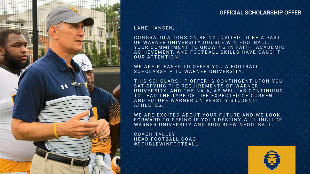 Lane Hansen (@lane_hansen36) on Twitter photo Super excited to announce that I have received an offer to further my football and academic career at Warner University @CoachRScarlett <a href="/WarnerUFootball/">Warner Football</a> <a href="/eastlakefball/">East Lake Football</a> Super excited to announce that I have received an offer to further my football and academic career at Warner University @CoachRScarlett <a href="/WarnerUFootball/">Warner Football</a> <a href="/eastlakefball/">East Lake Football</a>