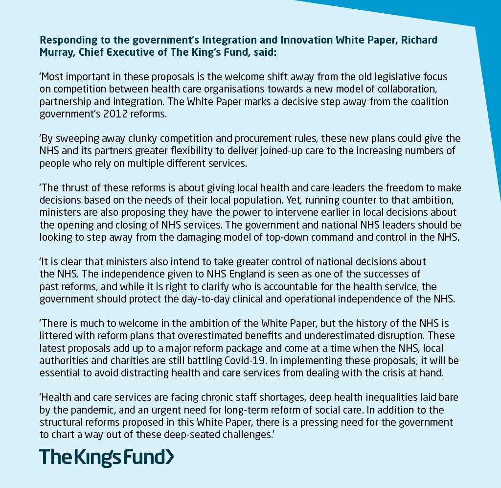 Read <a href="/RichardDMurray1/">Richard Murray</a>'s response to the <a href="/DHSCgovuk/">Department of Health and Social Care</a>'s Integration and Innovation White Paper in our latest press release:
