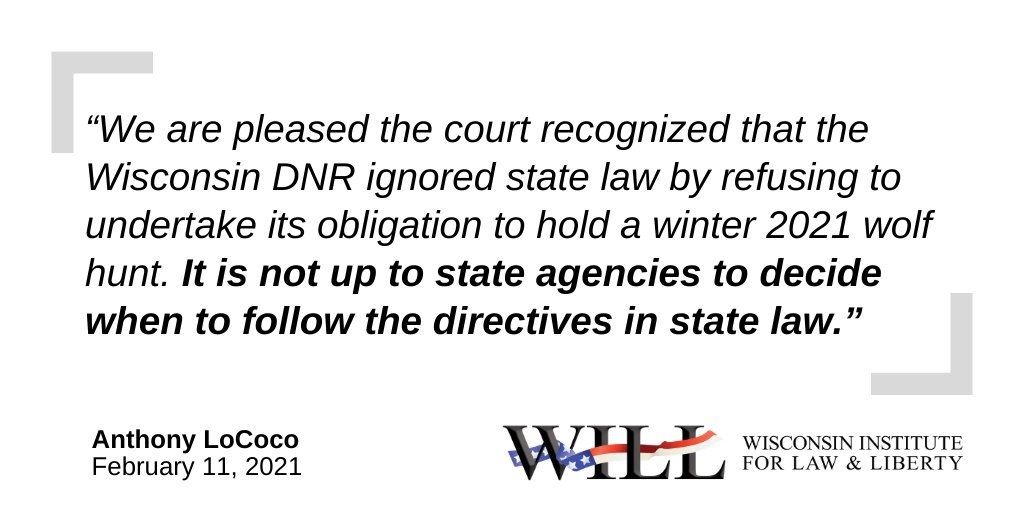 NEW: Judge Orders <a href="/WDNR/">Wisconsin DNR</a>
to hold February 2021 Gray Wolf hunt.

--&gt; will-law.org/2021/02/11/jud…