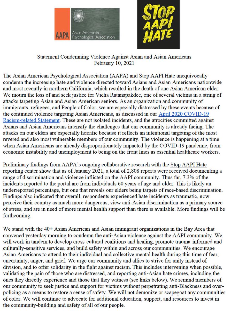 Statement from Asian American Psychological Association condemning violence and hate crimes against Asians and Asian Americans.