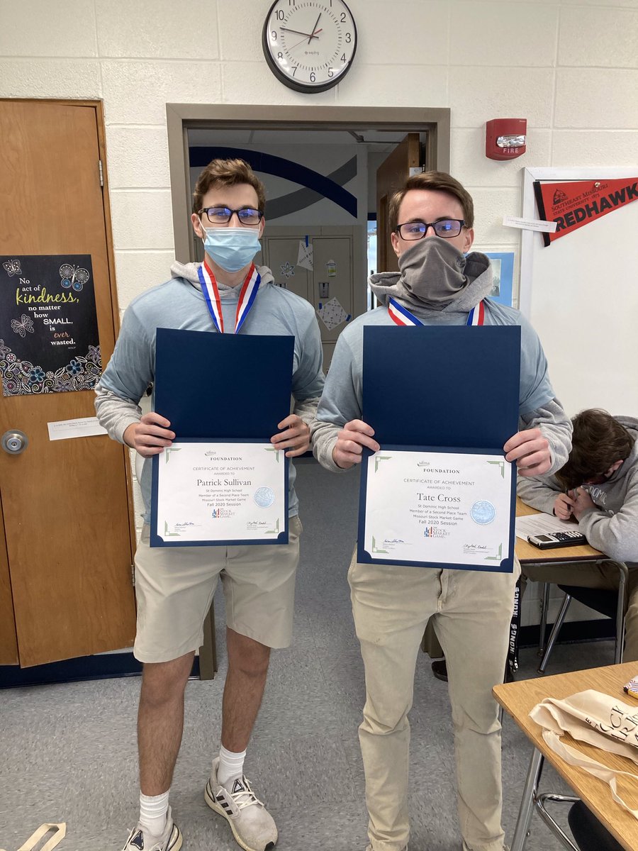 SDHSBBall's tweet photo. Two of our varsity finest, Patrick Sullivan and Tate Cross, finished 2nd place in the entire state of Missouri in the stock market game (which is part of Mrs. Roberts’ Class) and beat out over 700 other teams from around the state! Congratulations!! https://t.co/Jw9XrZjycW