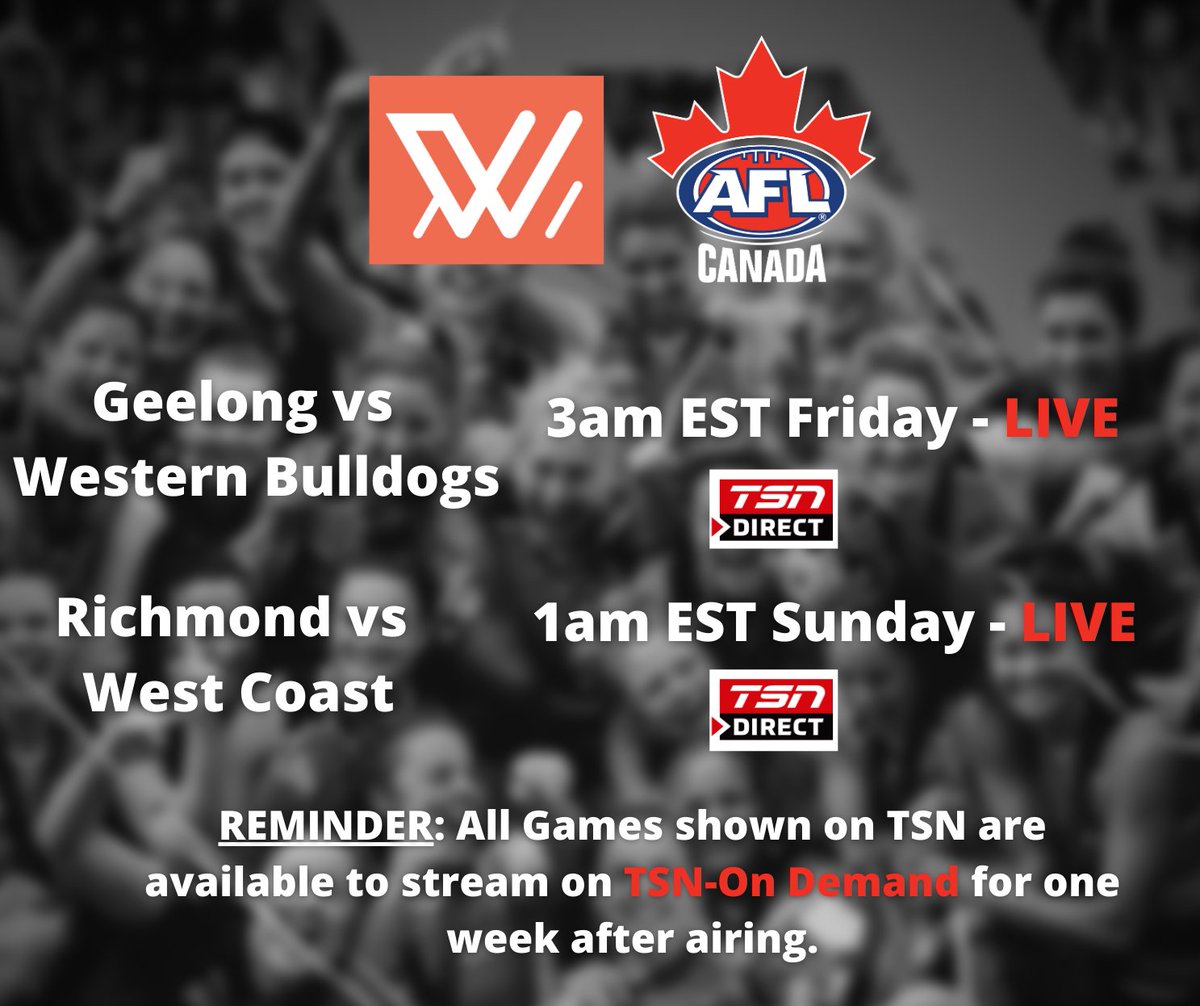 AFLCanada's tweet photo. AFLW returns to TSN for round 3!

Who gets the W out of these games:

😺 v 🐶?
🐯 v 🦅?

Reminder that ALL games shown on TSN are available to stream via TSN on demand for a week after airing.

#joinaflcanada 🇨🇦🇨🇦🇨🇦 https://t.co/lCQKPPd1cl