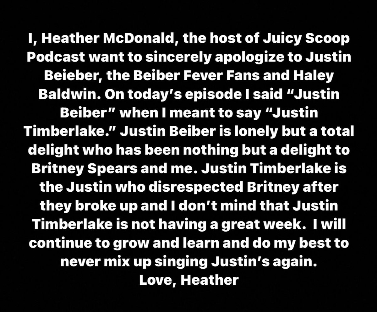 HeatherMcDonald's tweet image. My apology, please read. #FreeBritney #BritneySpears #JustinTimberlake #JustinBieber #comedy #juicyscoop #podcast