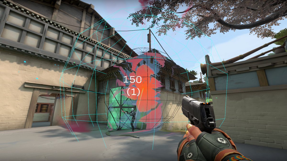 The visibility check traces a line from a few different starting points inside the inner radius and tries to find an unobstructed path to the player. In this case, it finds a path (the green line), and the player takes full damage. (6/9)