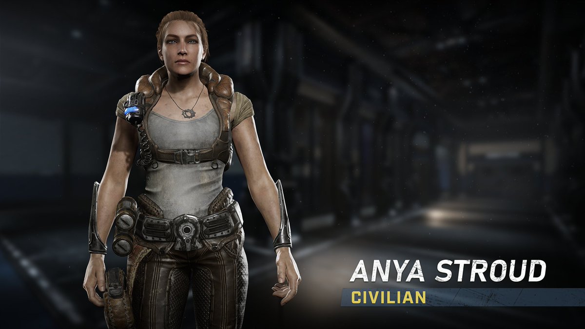 Gears 5 character skin Civilian Anya standing on a dark background. The skin is Anya with her hair tied back, COG tags around her neck, a grey tank top and brown pants. Anya has weapons on her ready to fight. Text in bottom right corner reads: Anya Stroud, Civilian. 