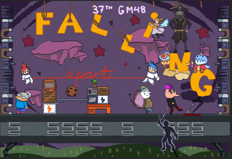 happysquaredOW's tweet photo. Latest GM48 theme was "Falling Apart". I didn't participate this time round but did a fanart showing the top 10 games! Games featured and their devs listed below #indiedev #gm48 👇 https://t.co/4mBA8qQwvE