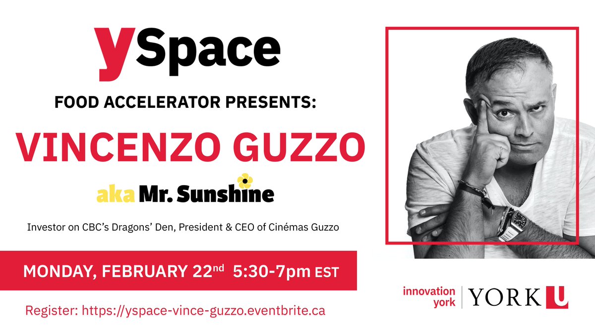 Our friends <a href="/YSpaceYU/">YSpace</a> are excited to present an exclusive fireside chat and LIVE venture pitch with <a href="/Guzzo_Vincenzo/">Vincenzo Guzzo “MrSunshine”</a>, President &amp; CEO of 'Cinémas Guzzo', aka Mr. Sunshine from CBC's Dragons' Den <a href="/cbcdragon/">Dragons' Den 🐉</a>!
 
Reserve your free-of-charge spot now: yspace-vince-guzzo.eventbrite.com