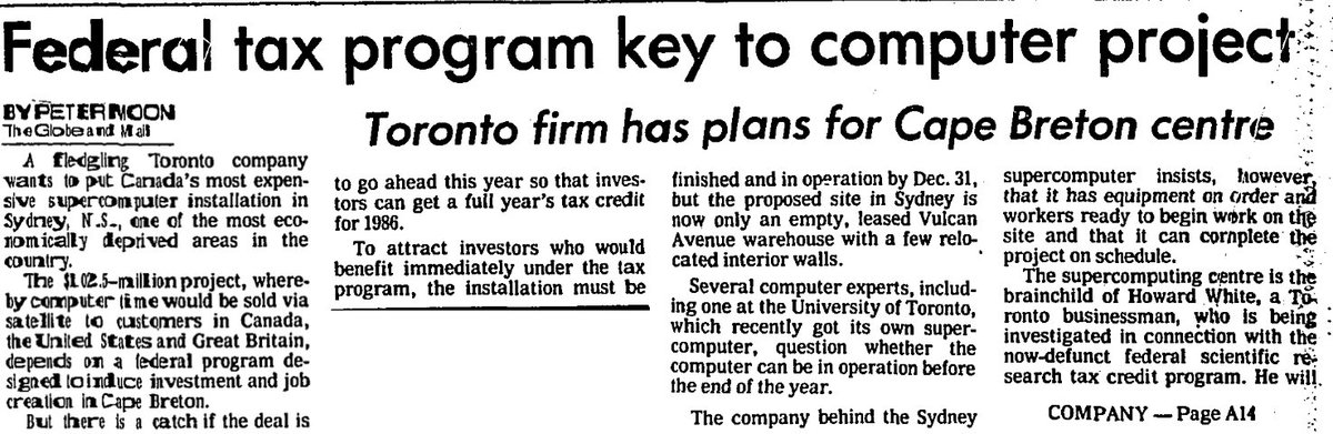 Then he asked the the provincial government to give him money, so he could meet his R&D spend requirements. Nova Scotia Desperate to build something, anything in Cape Breton agreed. Who was buying these credit? People who need to reduce their taxesRich ppl and companies.