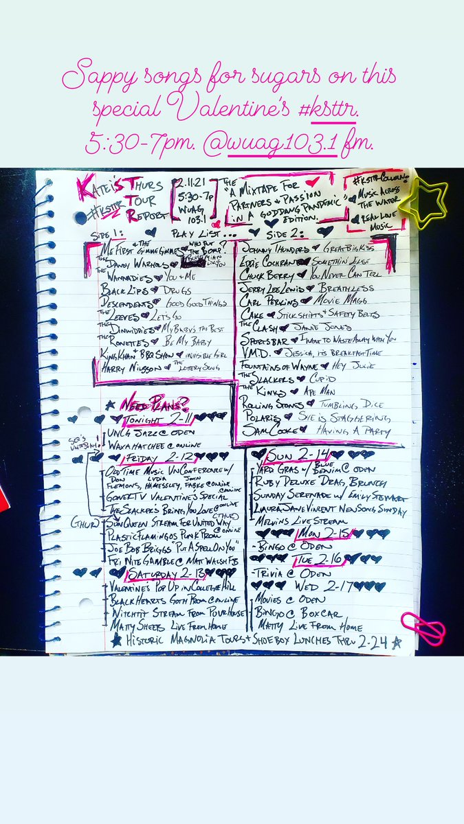 tourreportnc's tweet photo. Switchin up the routine for this sappy special edition. Got a sweetie you wanna shout out, over the air (and into space for inifity)? Drop a line by 5.
<3 tune into the #ksttr vday special. 5:30-7p. @WUAG https://t.co/Cxkp9BvBwA
