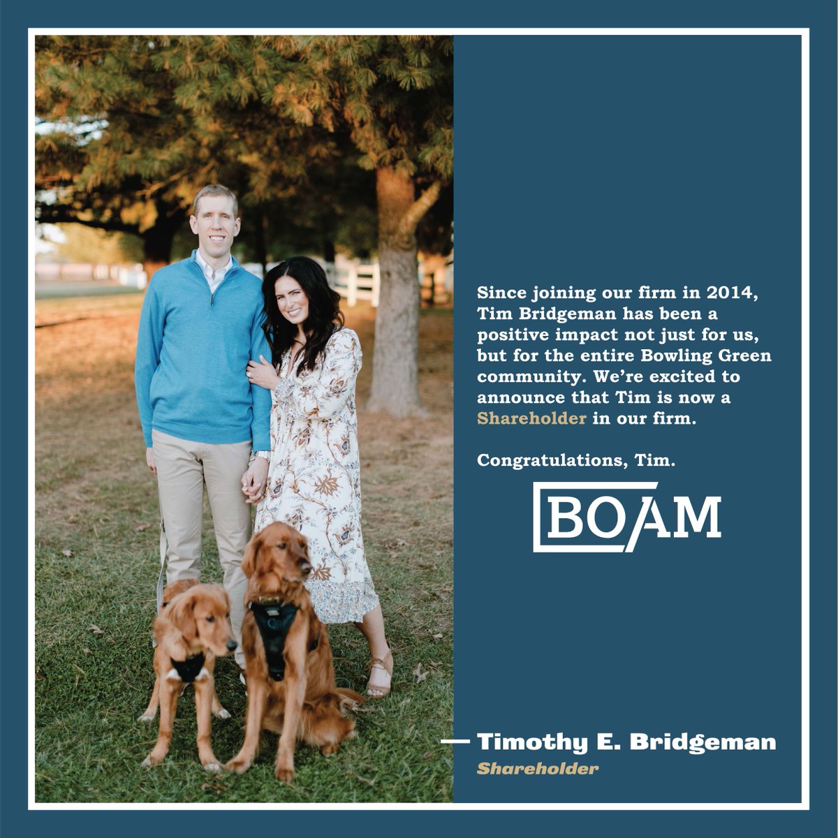 BOAMLaw's tweet image. Celebrations are in order! 
🥳
Since 2014, Tim Bridgeman has been a fantastic team player... and now we're so excited to announce that he's officially a shareholder at BOAM! 

Congratulations, Tim! Our law firm family wouldn't be the same without you!
💙❤️