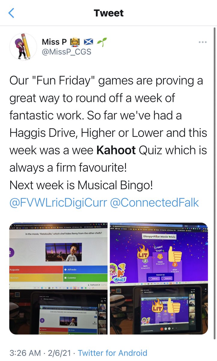 educalexaallen's tweet photo. So amazing to see the creative ways Kahoot makes for learning!! After a long week, this teacher provided a fun Kahoot quiz for her students that have been working so hard! #educw200 @IUSchoolofEd @EducMatt https://t.co/Ds9sLAQusL