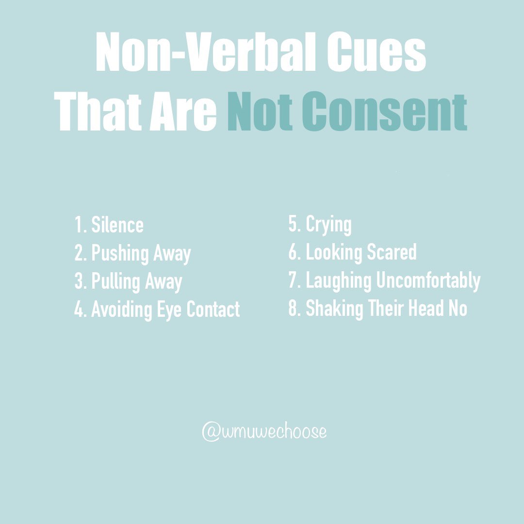 WMUwechoose's tweet photo. We’ve talked a lot about what consent does look like, but what about what it doesn’t look like? Stay in tune with your surroundings and recognize how you or others around you are feeling. #WeChooseConsent #Consent https://t.co/omMkAC4FD4