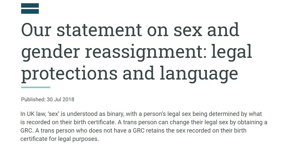 Legal sex has a clear and precise meaning: it is the sex registered on a birth certificate. This is always the sex at birth unless changed with a GRC. The EHRC has made this clear /4  https://www.equalityhumanrights.com/en/our-work/news/our-statement-sex-and-gender-reassignment-legal-protections-and-language