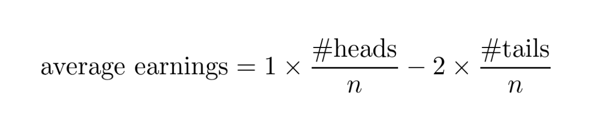 After 𝑛 rounds, your earnings can be calculated by the number of heads times 1 minus the number of tails times 2.If we divide total earnings by 𝑛, we obtain the average earnings per round.What happens if 𝑛 approaches infinity? 