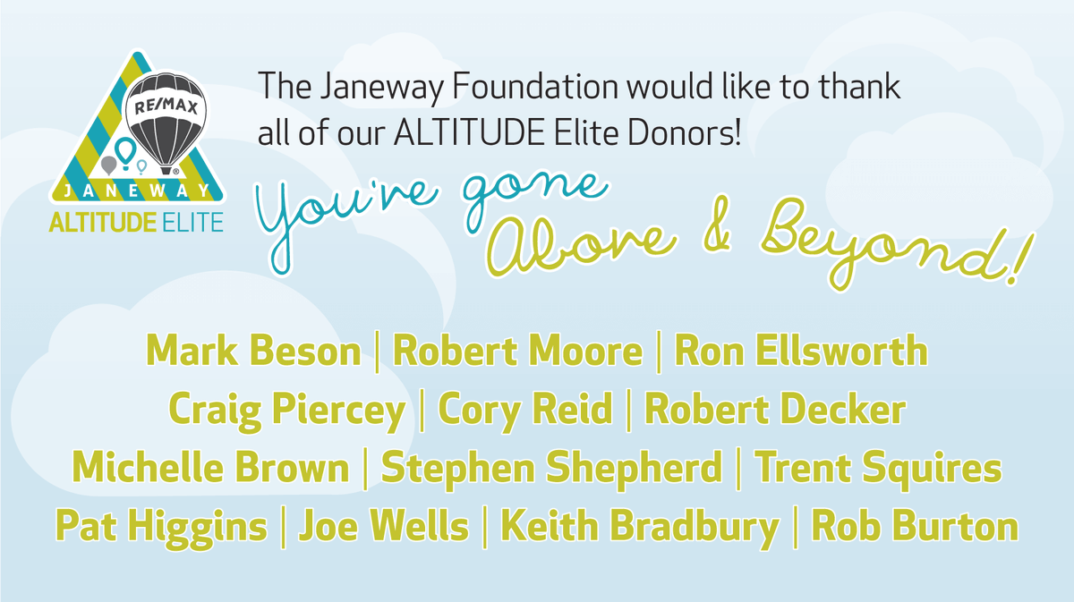RE/MAX agents across our province are dedicated to supporting pediatric health care at the Janeway through the Miracle Home Program. We are so grateful to each and every agent for this amazing support! Special thanks to our Altitude Elite Platinum donors! #forallourkids