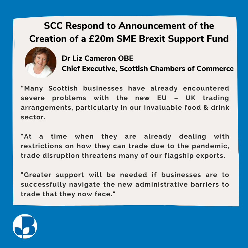ScotChambers's tweet photo. 🆕📢: @GOVUK must act now &amp; fast to distribute SME Brexit Support Fund as quickly as possible.

Local Chambers across Scotland and the UK are standing by to offer direct support with customs and trade.

Read More: https://t.co/xICOm0xt3r https://t.co/mvCbMtpmL2