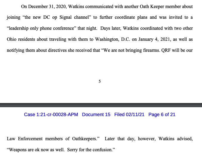 New filing: Govt is arguing to keep Capitol insurrection def. Jessica Watkins in jail pending trial. A few new details, including that she told someone, "We are not bringing firearms" but then revised: "Weapons are ok now as well. Sorry for the confusion."  https://assets.documentcloud.org/documents/20477513/2-11-21-us-detention-memo-jessica-watkins.pdf