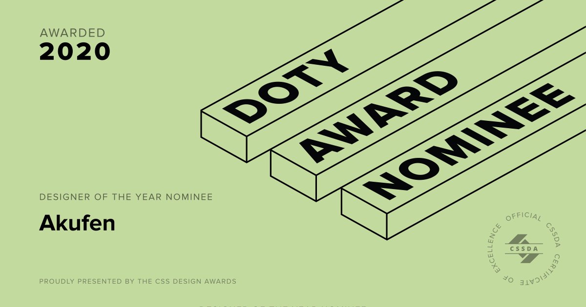 AKFN Studio (@akufen) on Twitter photo Once again finalist at the <a href="/cssdesignawards/">CSS Design Awards</a> 2020 for Designer of the Year. How crazy is that! And congratulations to all the finalists. CHAMPAGNE! đŸđ„ Once again finalist at the <a href="/cssdesignawards/">CSS Design Awards</a> 2020 for Designer of the Year. How crazy is that! And congratulations to all the finalists. CHAMPAGNE! đŸđ„