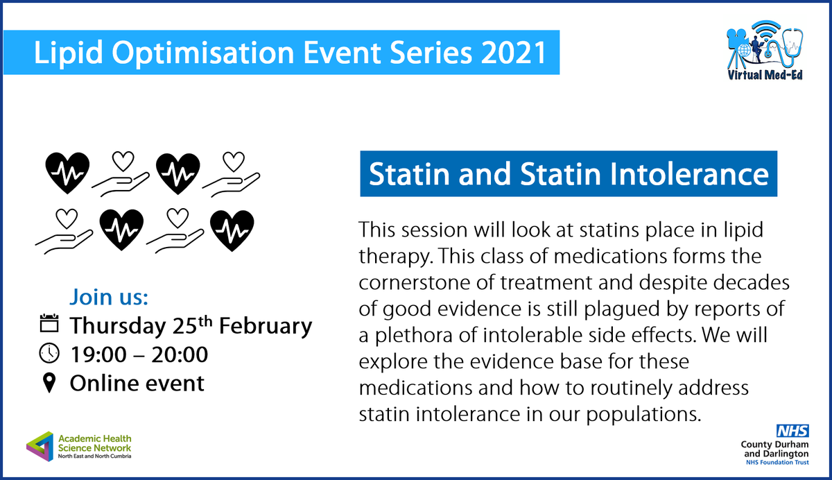 HI_NENC's tweet photo. EVENT: The next in a series of #LipidOptimisation events is due to take place in two weeks. Join @HannahBeba & @CatherineCPPE on 25th February at 7pm to hear about statin intolerance. More info‡οΈ
https://t.co/aZu4FYtREG
@CDDFTpharmacy @NHCTPharmacy @Virtual_MedEd @AACinnovation https://t.co/VIPSdaTmNU