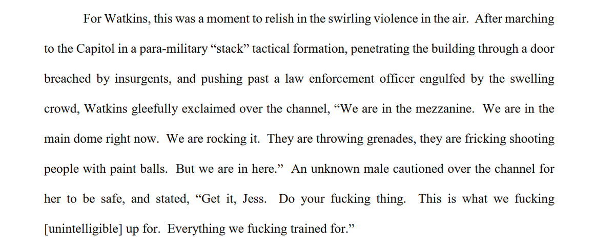 Prosecutors say in a new filing that Oath Keeper Jessica Watkins showed up at the Capitol w/30-40 others ready to execute citizen arrests."We are in the main dome right now," she said on a chat app. "We are rocking it."Someone responds: "Get it, Jess. Do your fucking thing."