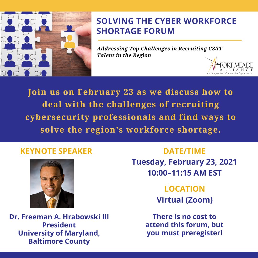 FtMeadeAlliance's tweet photo. Join us to discuss dealing with the biggest challenges filling the workforce gaps for cybersecurity professionals in the region. Make sure you pre-register before the day of the event! Click the link below. #FMA #WorkForceShortage #CyberSceurity 

https://t.co/ypE04WfVTA https://t.co/p2MyUAIcdR