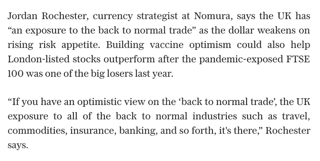 The UK economy and sterling are some of the biggest winners from a rapid vaccine rollout, opening the door to looser restrictions.Britain has a particular exposure to the "back to normal" trade as the dollar weakens on rising risk appetite, according to  @Nomura 