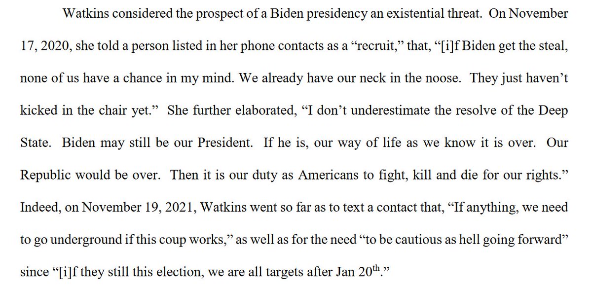 The level of paranoia among insurrectionists never fails to astonish.Prosecutors say Watkins told an Oath Keeper "recruit" that if Biden won "our way of life as we know it is over. Our Republic would be over. Then it is our duty...to fight, kill and die for our rights.”