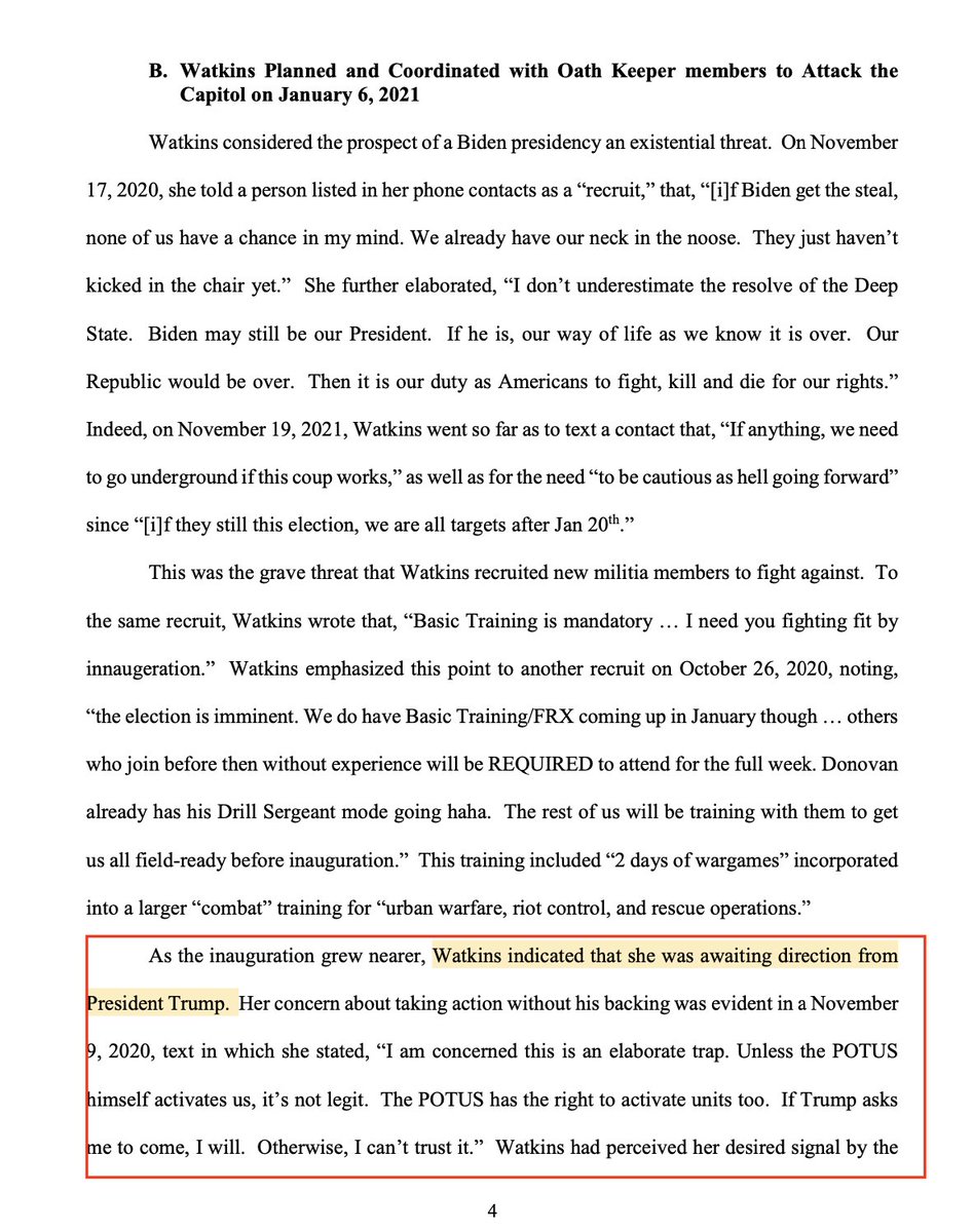 NEW: in November Jessica Watkins was training a paramilitary group to be "fighting fit" while "awaiting direction" from President Trump.By December 29th, a text exchange showed she perceived that Trump had given the signal.Per: Gov detention memo.h/t  @ryanjreilly THREAD