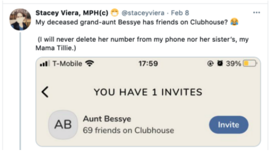 Clubhouse is pressuring users to upload their contacts, prompting them to join welcome rooms with their former bosses and exes, and suggesting they invite their therapists, deceased grand-aunts, and 10-year-old phone cards.  https://onezero.medium.com/clubhouse-is-suggesting-users-invite-their-drug-dealers-and-therapists-a8161b3062fc