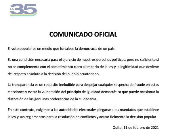 COMUNICADO OFICIAL frente a los resultados electorales y el respeto a la voluntad popular. #SomosLa35