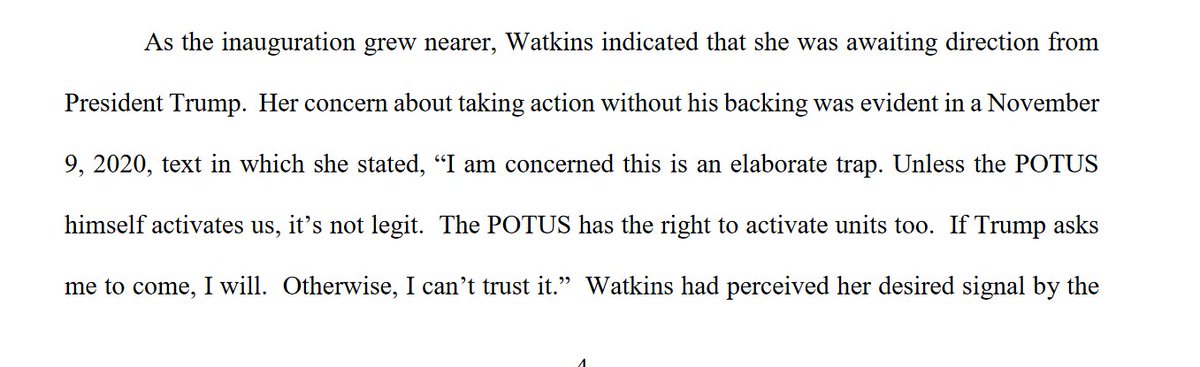 Watkins, prosecutors say, was "awaiting direction from President Trump.""Unless the POTUS himself activates us, it’s not legit," she said in a text one week after the election. "POTUS has the right to activate units too. If Trump asks me to come, I will."