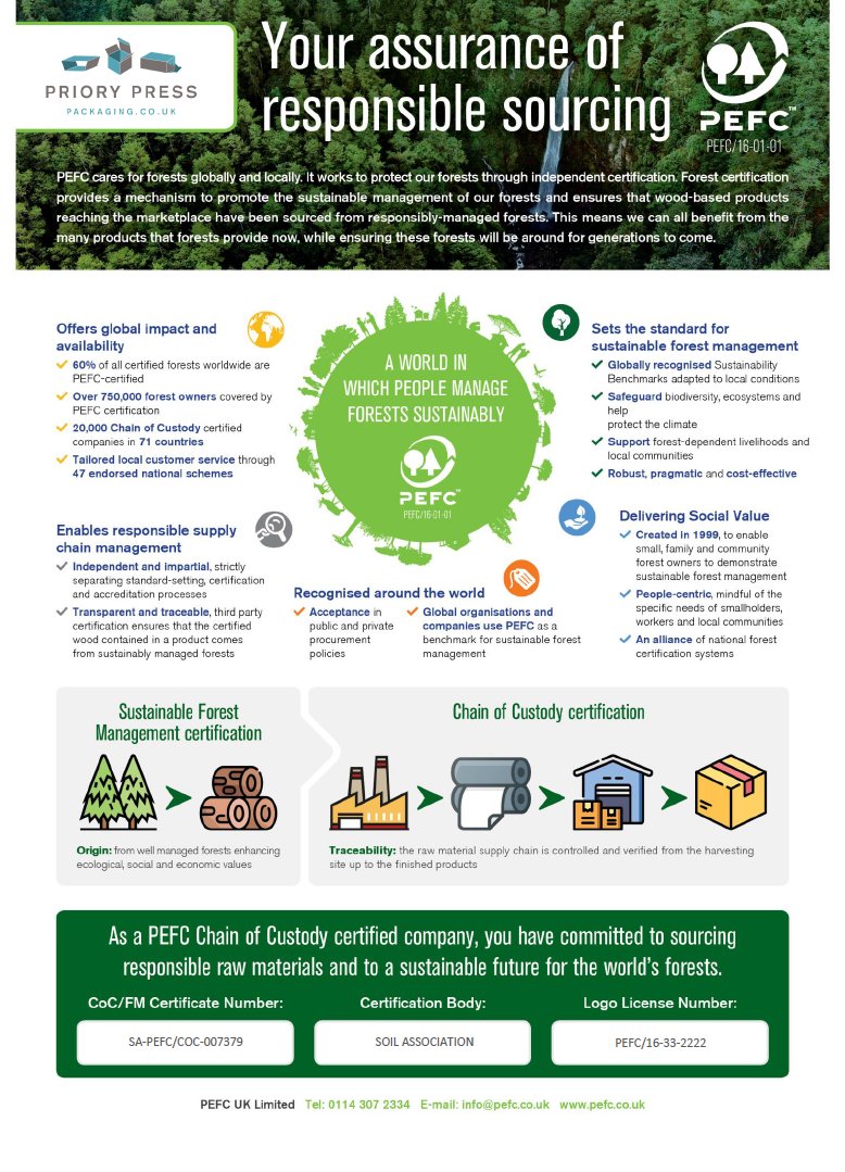 As a <a href="/PEFC_UK/">PEFC UK</a> Chain of Custody certified customer, Priory Press Packaging have committed to sourcing responsible raw materials and to a sustainable future for the world's forests. #pefc #forestfriendly #Sustainability