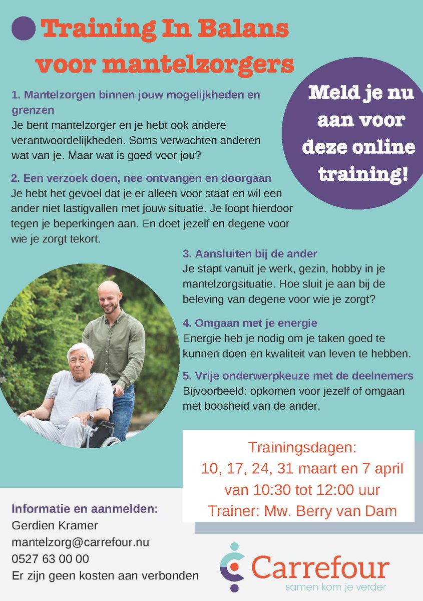 Meld je aan voor de Online Cursus in Balans met Berry van Dam. 
Start 10 maart van 10:30 u tot 12:00 uur.
Meer dan ooit is het belangrijk balans te houden tussen het zorgen voor de ander, jezelf en al dat andere dat aandacht vraagt.
Een mantelzorger die eerder mee deed vertelt: