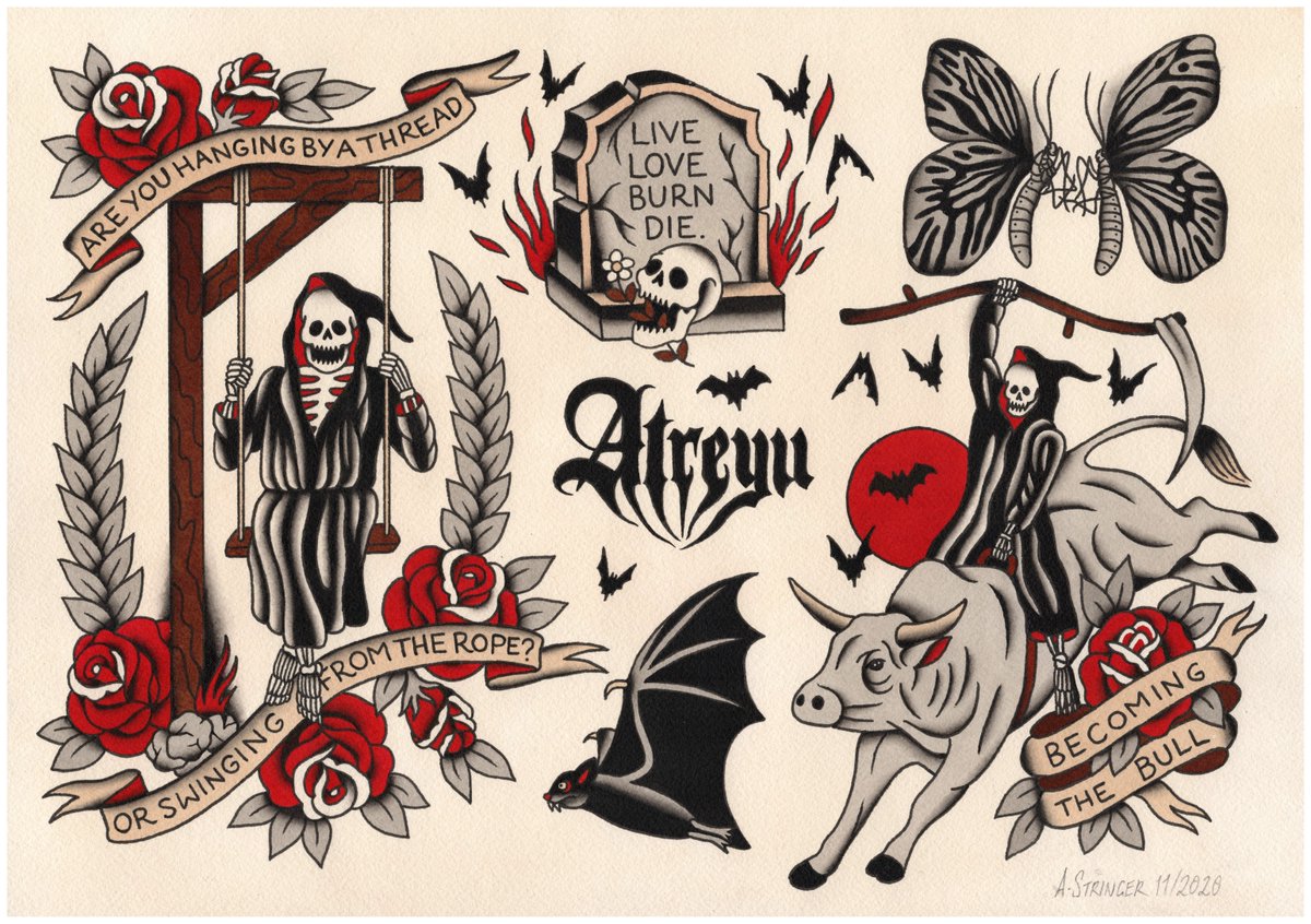 Atreyu on X: "You loved the Ahren Stringer collab tattoo flash sheet so much that we decided to do another! Tomorrow morning at 9am PT/12pm ET. 75 limited edition, hand numbered tattoo