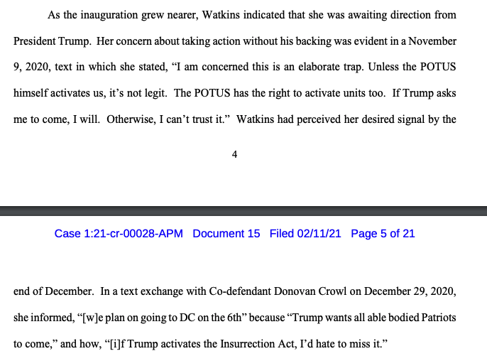 And of note as we enter another day of Donald Trump's impeachment trial: "As the inauguration grew nearer, Watkins indicated that she was awaiting direction from President Trump."