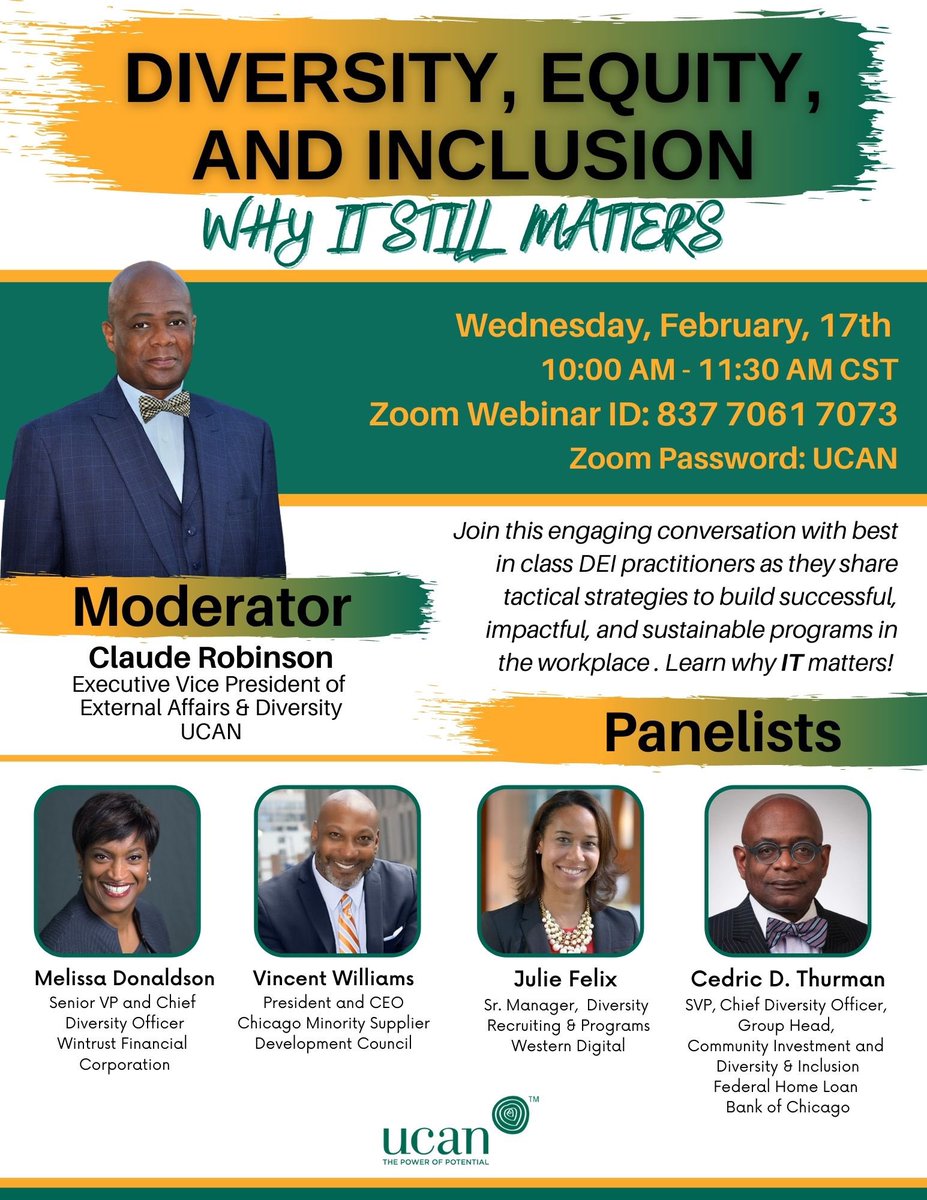 ChicagoMSDC's tweet image. ChicagoMSDC President &amp;amp; CEO, @bizbyvince and other leaders in the DEI space are panelists for @UCANchicago &quot;Diversity, Equity and Inclusion: Why It Still Matters&quot; webinar on Wed, 2/17, 10 - 11:30 a.m.

Enter the Zoom ID and password to join! 

#cmsdc #buydiverse #DiversityMatters