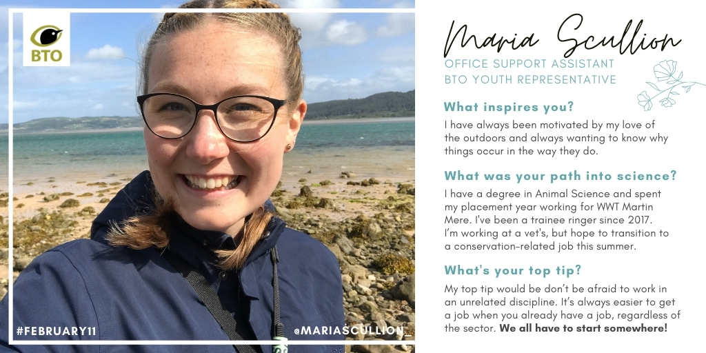 Also one of our Youth Representatives and a trainee ringer,  @mariascullion_ says: "Don't be afraid to work in an unrelated discipline whilst you volunteer or look for a conservation job. We all have to start somewhere!"  #February11  @WomenScienceDay