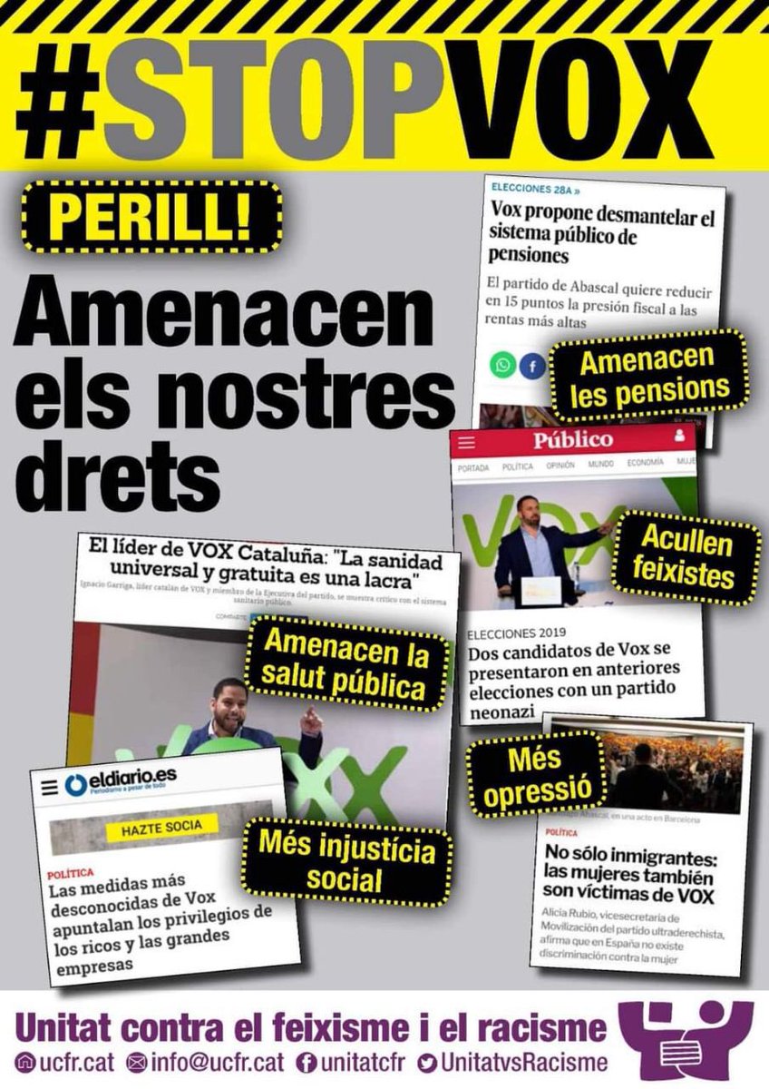 𝙵𝚘𝚛𝚊 𝚏𝚎𝚒𝚡𝚒𝚜𝚝𝚎𝚜 𝚍𝚎𝚕𝚜 𝚗𝚘𝚜𝚝𝚛𝚎𝚜 𝚋𝚊𝚛𝚛𝚒𝚜

Divendres V🤮X ha demanat permisos per a una carpa informativa. Vine a mostrar el teu rebuig

⏰17h
📍Plaça de l’ermita (Sant Joan Despí) 

𝙴𝙻 𝙵𝙴𝙸𝚇𝙸𝚂𝙼𝙴 𝙰𝚅𝙰𝙽𝙲̧𝙰 𝚂𝙸 𝙽𝙾 𝚂𝙴'𝙻 𝙲𝙾𝙼𝙱𝙰𝚃 💪🏽