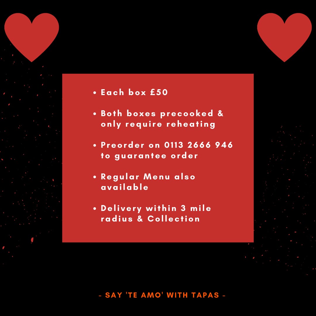 Hi everyone, 

Here is all the info for our  El Bareto Valentines Day Boxes ❤️❤️

 They are available on Sunday together with our regular menu, all for delivery or collection.

Please call: 01132666946 to pre-order as it's likely to be busy,

Gracias ❤️❤️