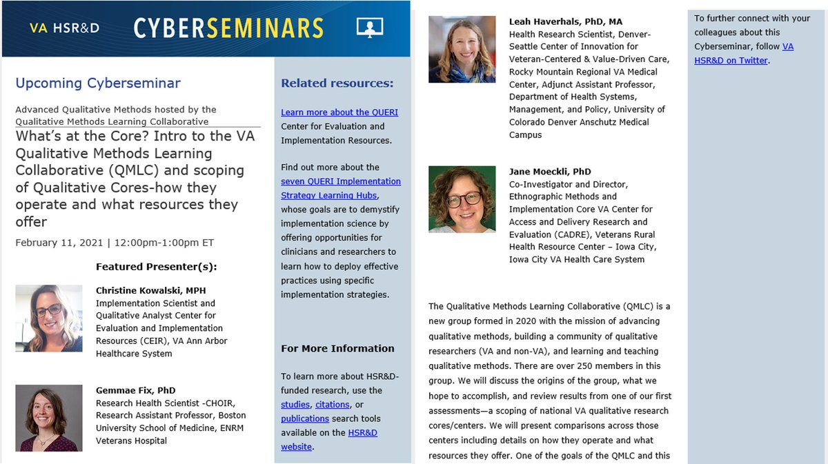 Today 10am MT! What’s at the Core? Intro to the VA Qualitative Methods Learning Collaborative (QMLC) and scoping of Qualitative Cores-how they operate and what resources they offer w @LMHaverhals @ChristineKowa14 @GemmaeFix @JaneMoeckli Register hsrd.research.va.gov/cyberseminars/…