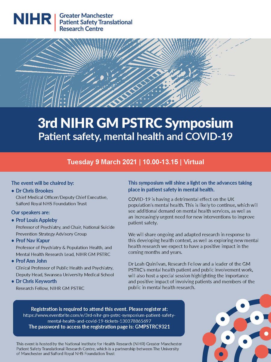 EVENT: We're hosting our 3rd symposium 'Patient safety, mental health and COVID-19' via webinar on 9 March from 10.00-13.15. Free to attend, registration required. For more info & to register (using password: GMPSTRC9321) visit: eventbrite.com/e/3rd-nihr-gm-… #mentalhealth #COVID19