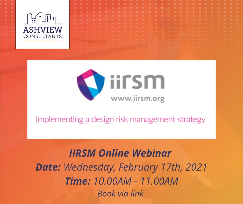 AshviewOffice's tweet photo. Implementing a Design Risk Management Strategy? Join
Ashview Consultants Paul O'Shea and Paul Feely for this expert design risk management webinar in conjunction with the @IIRSM! Sign up this FREE webinar today: https://t.co/VElllIS7D8 #Ashview #Consultants #HealthandSafety https://t.co/fJJfo9b677